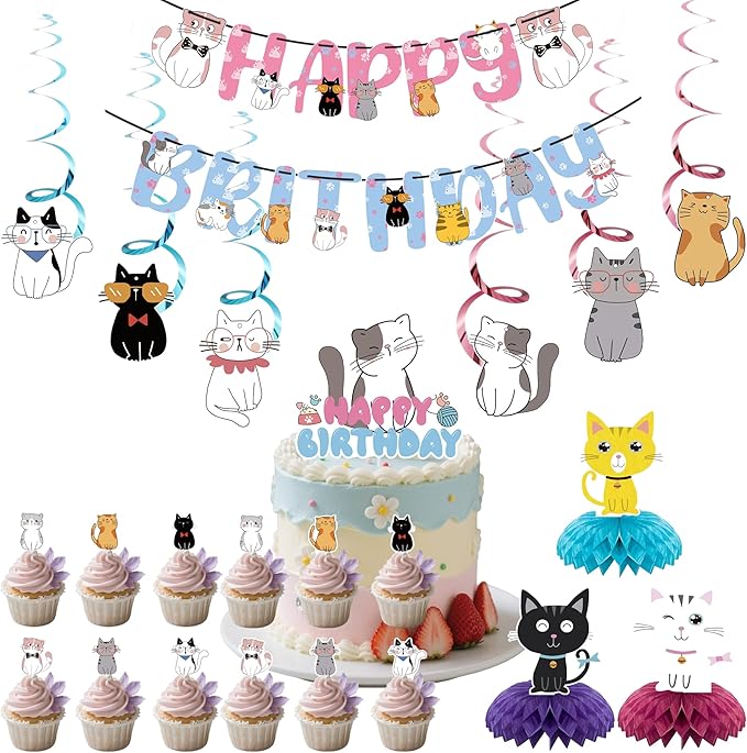 Cat Theme Birthday Party Supplies,15 PCS Happy Birthday Banner-NO DIY,6 Hanging Cutouts,6 Hanging Swirl Decor,1 Cake Topper,12 Cupcake Toppers,3 Birthday Honeycomb Party Decoration
