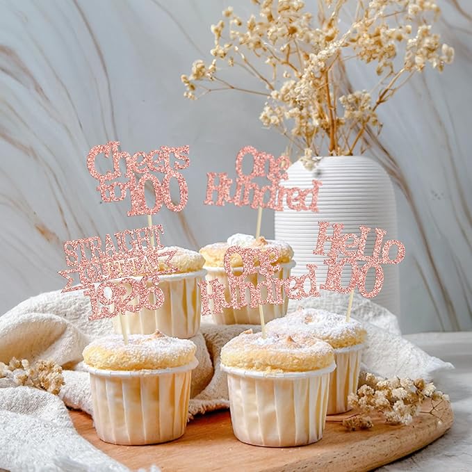 Ephlyn 24Pcs Happy 100th Birthday Cupcake Toppers Glitter Cupcake Picks Hello 100 Cheers to 100 Years Birthday Cake Decorations for 100th Birthday Anniversary Party Supplies Rose Gold