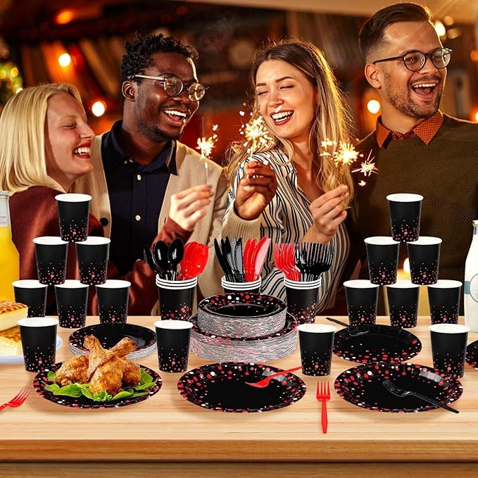 Grencian 168Pcs Black and Red Party Decorations Red Dot on Black Plates Napkins Cups Forks Knives Spoons Disposable Paper Tableware for Birthday Wedding Party Supplies, Serves 24