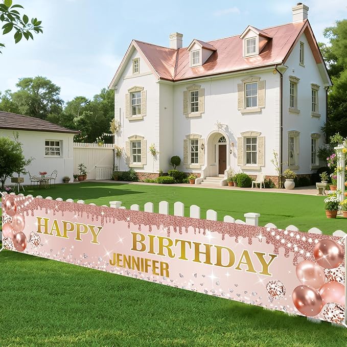 Rose Gold Birthday Decorations Banner with Personalized Letter Stickers and Balloons DIY Rose Gold Happy Birthday Yard Banner Custom Bday Sign for Girls Women Bday Party Supplies Outdoor