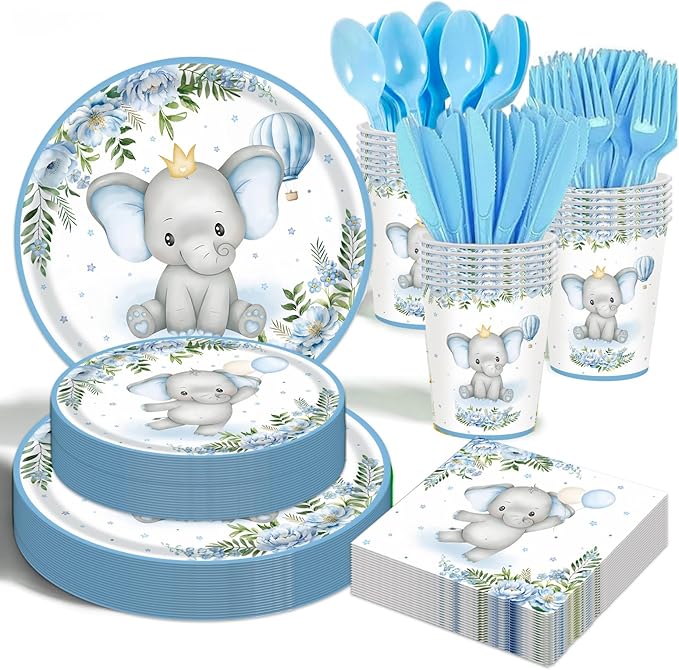 Elephant Baby Boy Shower Party Supplies - 175pcs Blue Elephant Party Decorations Paper Plates Napkins Cups and Utensils Tableware Sets Blue Floral Theme Birthday Party Tableware Set
