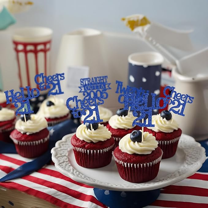 Ephlyn 24Pcs 21st Birthday Cupcake Toppers Glitter Straight Outta 2005 Cupcake Picks Hello 21 Cheers to 21 Years Cake Decorations for 21st Birthday Anniversary Party Decorations Supplies Blue