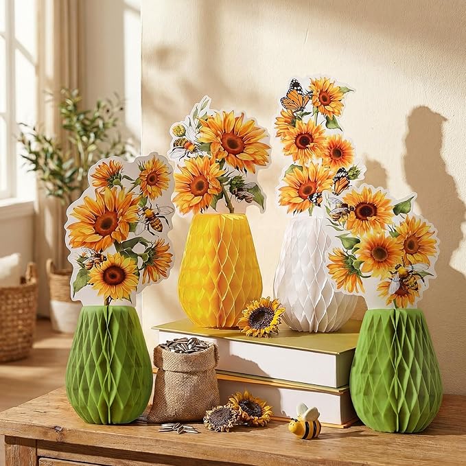 9 Pcs Sunflower Honeycomb Table Centerpieces Sunflower Party Decorations Spring Paper Yellow Honeycomb Centerpieces for Birthday Baby Shower Party Office Living Room