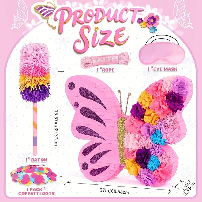 27" Extra Large Butterfly Pinata with Stick and Blindfold for Themed Party Decoration, Spring Party Supplies