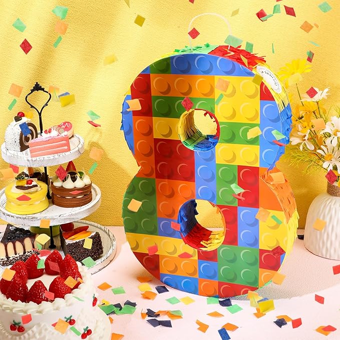 Number 8 Building Blocks Piñata 16.5 Inch Party Supplies 8th Birthday Party Decorations Piñata with Confetti Blocks Theme Fiesta Anniversary Celebration