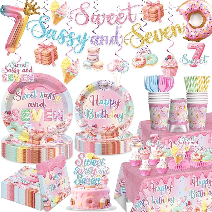 Xynic 200pcs 7th Birthday Decorations for Girls, Convenient Paper Tableware Set Includes Threaded Banner 350gsm Plates and Foil Balloons, for Sweet Sassy and 7 Birthday, Serves 25