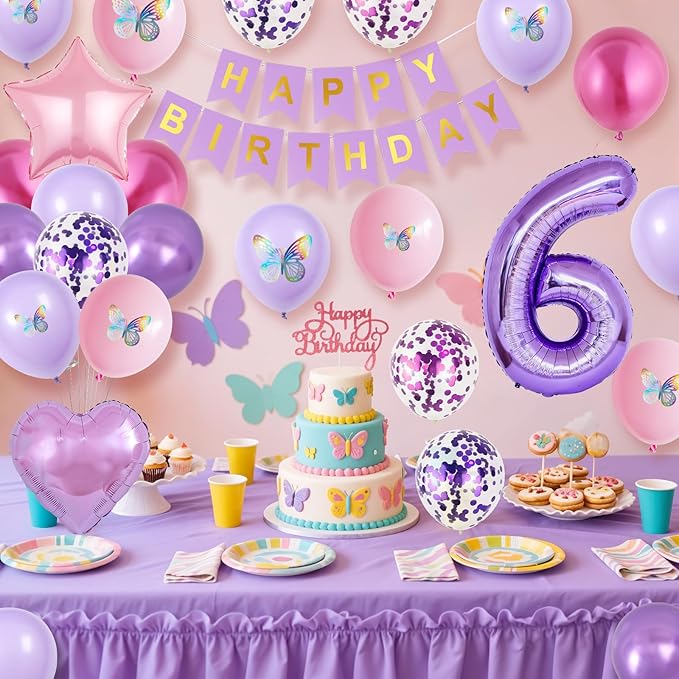 6th Pink Purple Birthday Decorations,Pink Purple 6th Birthday Balloons for Girls Lavender Party Decor Banner Number 6 Balloons Cake Topper Butterfly Party Decorations for 6 Year Old Girls