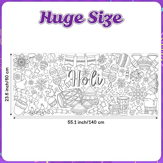 Jumbo Holi Coloring Poster - Happy Holi Festival DIY Drawing Color-in Paper Blank Doodle Art Banner 55.1 x 23.6 Inch Decor Home Family Community Activity Celebration Party Suppiles
