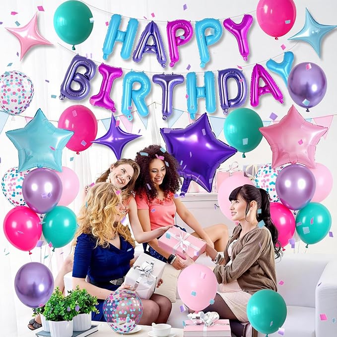Pink Purple Blue Birthday Decorations Hot Light Pink Metallic Purple Teal Confetti Balloon Happy Birthday Banner Heart Foil Balloons 18/10 Inch Star Balloons for Girls Boys Bday Mermaid Party