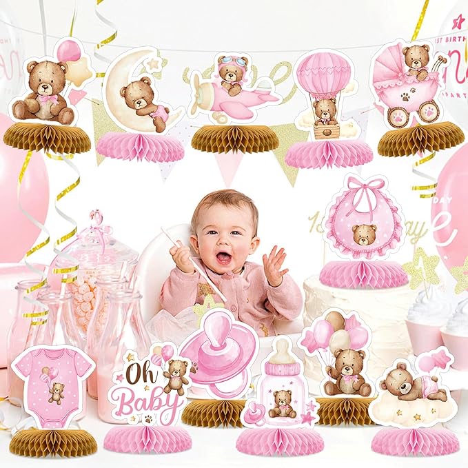 Tarklanda 12 Pcs Baby Shower Honeycomb Centerpieces Teddy Bear Themed Party Honeycomb Table Decoration Birthday Table Centerpieces for Baby Shower Gender Neutral Wedding Supplies (Pink Bear)
