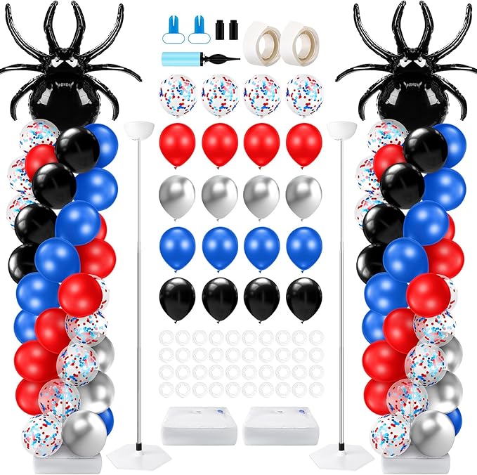 Kasyat 2 Sets Spider Party Balloon Column Stand Kit with 2 Spider and 100 Red Blue Black Latex Balloons, Adjustable Arch Stands for Birthday Baby Shower Hero Theme Party Decorations