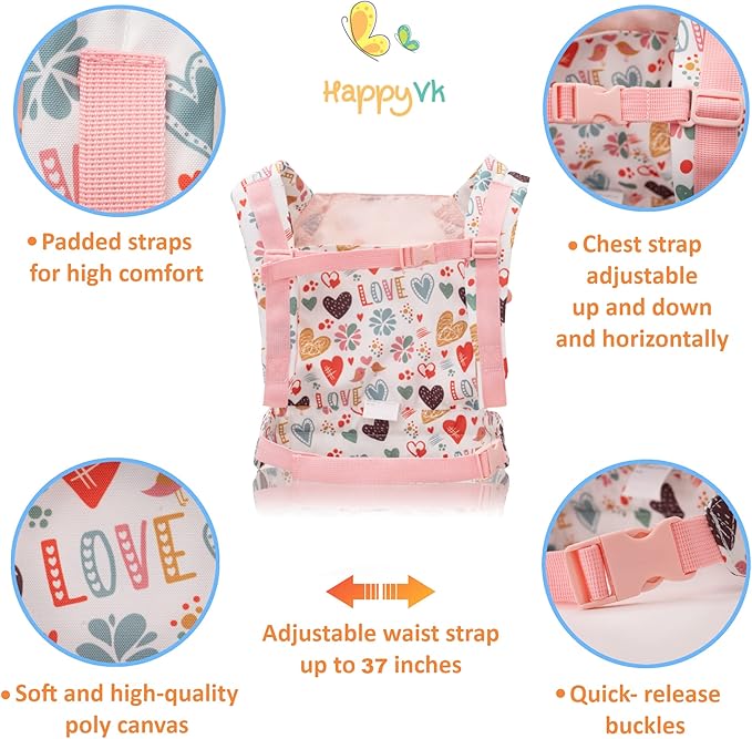 HappyVk - Baby Doll Carrier Kids Toy Carrier for Dolls Front and Back with Adjustable Straps Doll Accessories - Pink - Love Design