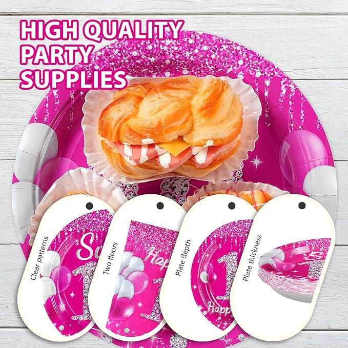 96Pcs 16th Birthday Party Supplies 350 GSM Hot Pink Sweet 16 Plates and Napkins Tableware Sets Sixteenth Birthday Decorations for Girls Happy 16 Years Old Party Favors, Serves 24