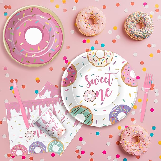 Xigejob Donut Sweet One Birthday Plates And Napkins Party Decorations Tableware Girls - Pink Donut 1st Birthday Party Supplies, Paper Plate, Cup, Napkin, Disposable Fork | Serves 24