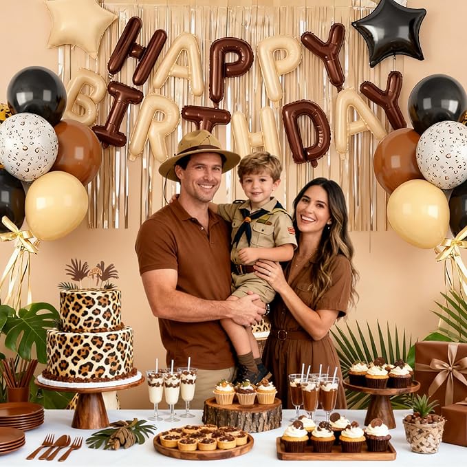 29PC Cream Brown Leopard Happy Birthday Balloon Banner, 16Inch 3D Aluminum Letter Banner Sign, Gold White Cheetah Printed 18 Inch Black Brown Star Foil Balloons for Leopard Cheetah Party Decorations