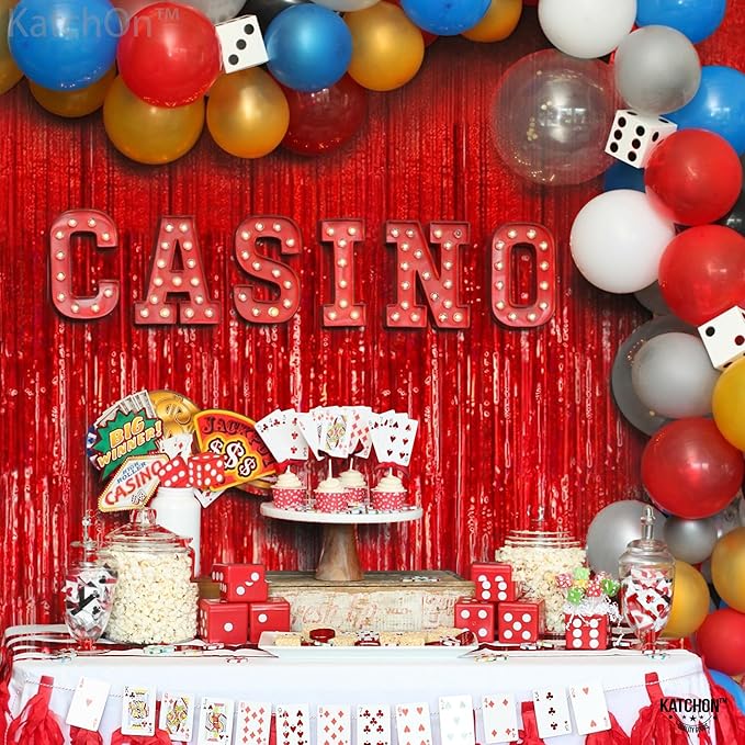KatchOn, XtraLarge Red Streamers Backdrop - 3.2x8 Feet, Pack of 2 | Red Fringe Backdrop for Valentines Day Decorations | Foil Fringe for Birthday, Carnival, Casino Theme Party Decoration