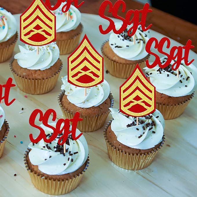 24 Pack SSGT Staff Sergeant Cupcake Toppers Glitter Military Bound Glitter Emblem Badge Cupcake Picks for Military Army Themed Cake Decorations Birthday Party Supplies Red Gold