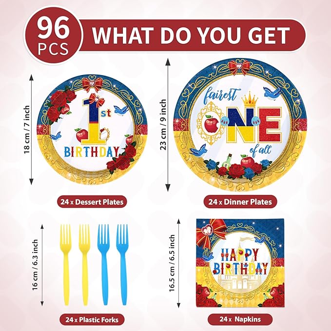 96 Pcs Snow Princess 1st Birthday Party Supplies Cartoon Snow Plates and Napkins Red Blue Yellow Tableware Set for Girls First Birthday Baby Shower Princess Theme Party Supplies, Serves 24