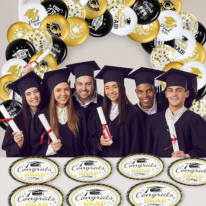 50PCS Graduation Plates Party Supplies, 7INCH Black and Gold Paper Plates and Napkins 2025 Graduations Party Decorations Disposable Tableware for College High School Congrats Grad Party Supplies