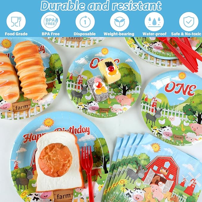 gisgfim 96Pcs Farm Animals Theme Birthday Party Supplies Barnyard 1st Birthday Paper Plates Napkins Cow One Farmhouse Tableware Dinnerware Set Decorations Favors for Baby Shower Serve 24