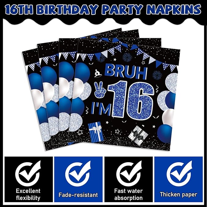 96PCS 16th Birthday Party Paper Plates and Napkins and Forks Set for Blue and Silver Bruh I'm 16 Years Old Party Paper Plates Disposable Decor Happy 16th Parties Set for Teens Birthday Decorations