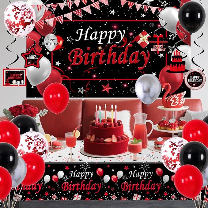 Black and Red Birthday Decorations for Men Women Boys Girls, Black and Red Party Decorations Happy Birthday Banner Backdrop Confetti Silver Balloons Arch Hanging Swirls Party Supplies Tablecloth