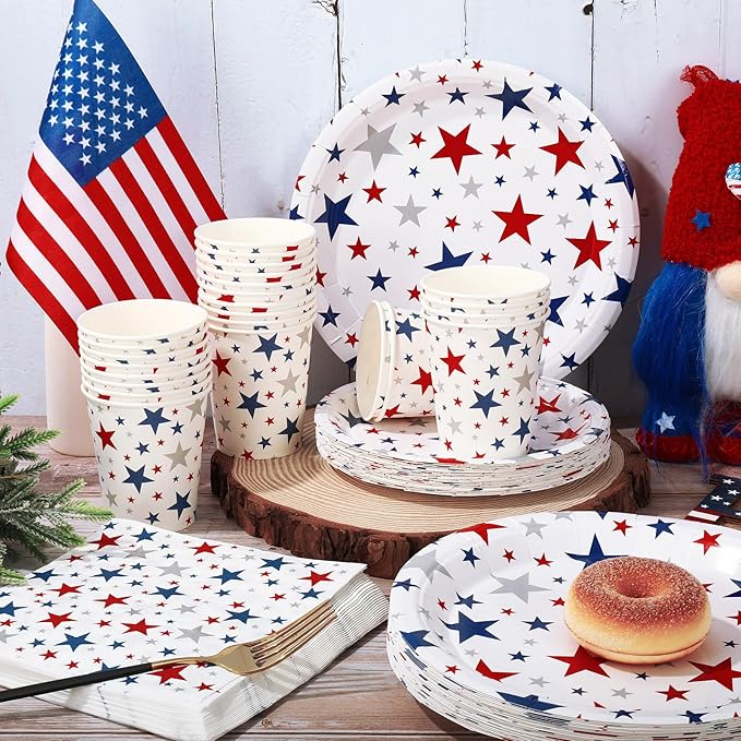 Whaline 96Pcs Patriotic Party Tableware Set with Paper Plates Napkins Cups Red Blue Silver Stars Independence Day Disposable Dinnerware Set for 4th of July Veterans Day Memorial Day Party Table Decor