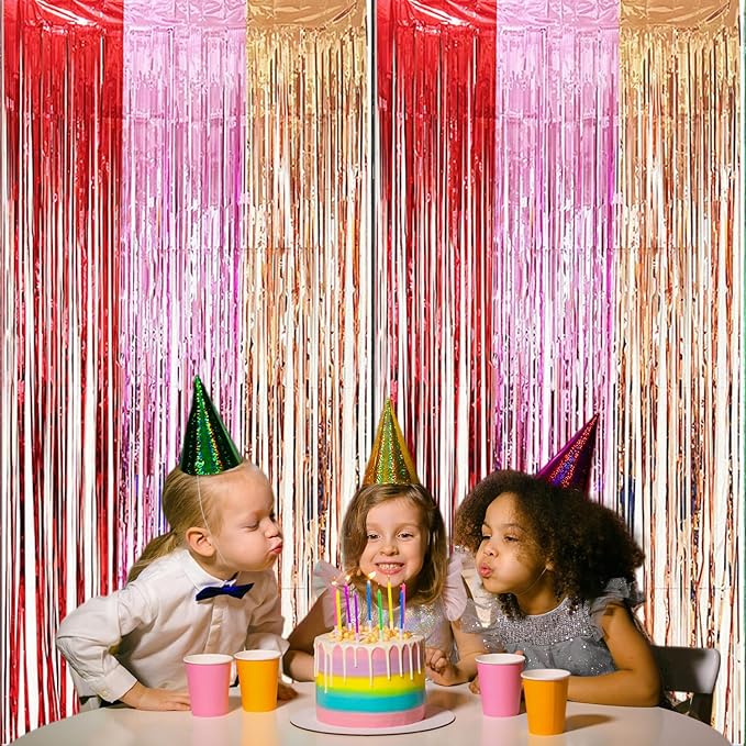 2 Pack Construction Foil Fringe Curtains, 3.3x6.6 Ft Pink Red and Champagne Gold Tinsel Backdrop Party Decorations Door Streamers for Birthday Valentine's Day Engagement Decor