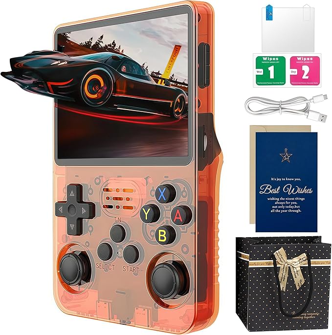 R36s Handheld Game Console Christmas Set (with Christmas Card & Bag) | 3.5 Inch IPS,128GB TF Card,21000+ Retro Games | Ready-to-Give Present for Adults (Orange Gift Set)