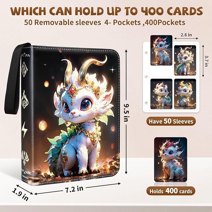 Card Binder for Pokemon Cards 4-pocket 400 Pockets.Trading Card Holder Album Book Case for TCG Cards.with 50 Removable Sleeves.for Collectors Boys Girls Toys Gift(black)