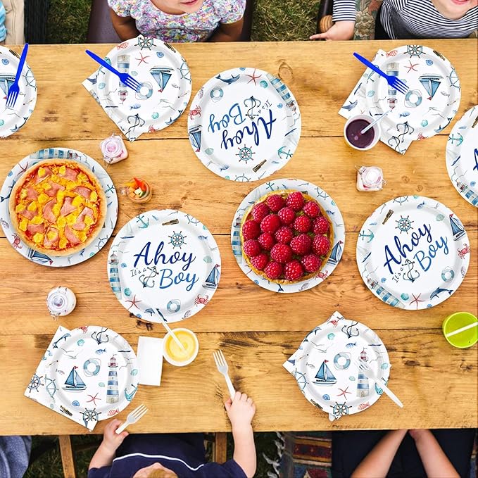 Grencian 96 Pcs Boy Nautical Party Decorations Oh It's A Boy Plates and Napkins Disposable Blue White Tableware Sets for Boys Baby Shower Baby Gender Reveal Birthday Sailing Party Supplies Serves 24