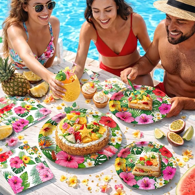 96 Pcs Hawaiian Luau Party Paper Plates Tableware Set (Serves 24), Hawaiian Birthday Decorations Include Plates Napkins Forks For Hibiscus Floral Party