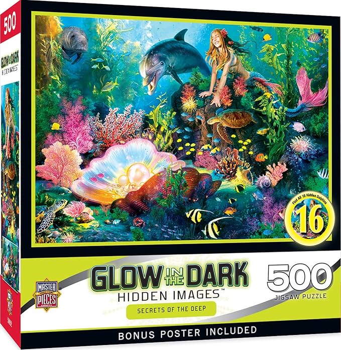 Masterpieces 500 Piece Glow in The Dark Jigsaw Puzzle for Adults, Family, Or Kids - Secrets of The Deep - 15"x21"