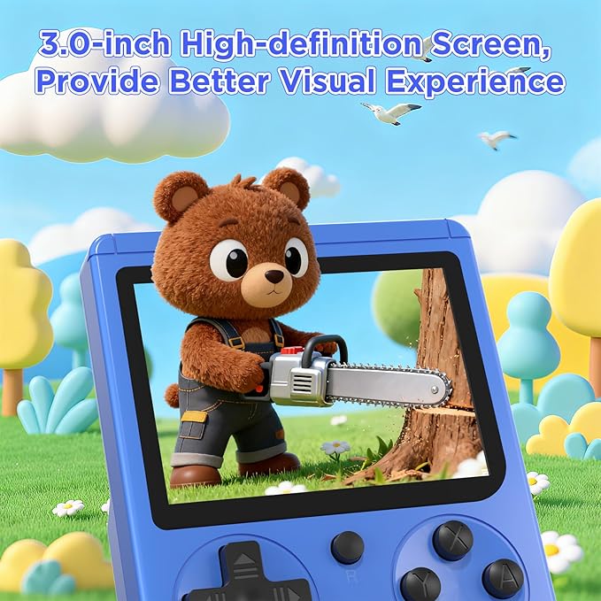 JKV Portable Handheld Game, 500 Retro Video Games, Game Console with Rechargeable 1020mAh Battery and 3.0 Inch LCD Screen Electronic Gaming System, for Boys Girls (Blue)