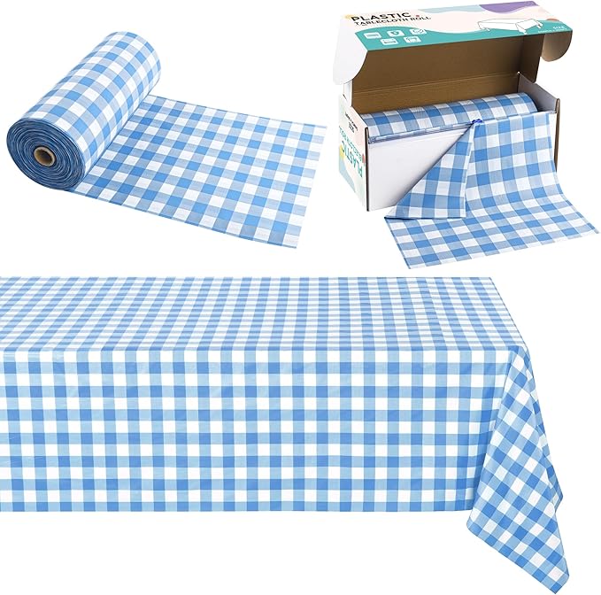 Kochorie 54 Inch x 300 Ft Light Blue Checkered Plastic Table Cloth Roll Disposable Waterproof Table Cover Plastic Table Cover Roll with Easy Slide Cutter for Outdoor Picnic/Home Dining/Spring Party