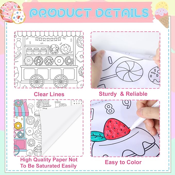Donut Giant Coloring Poster Candyland Large Versatile Activity Drawing Paper Coloring Tablecloth DIY Dessert Theme Game Poster Table Cover Art Craft Painting Mat Home Classroom Party Supplies