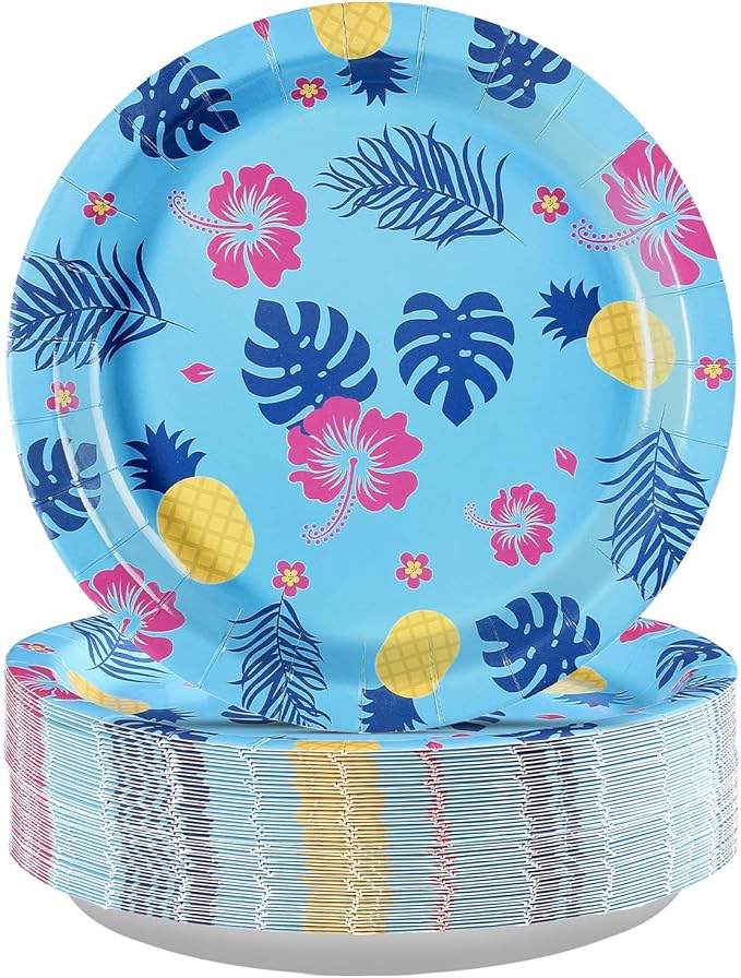 50Pcs Hawaiian Paper Plates 9 Inch Disposable Tropical Luau Blue Cartoon Hibiscus Floral Party Decorations Hawaii Aloha Dessert Themed Plates for Summer Beach Pool Holiday BBQ Birthday Party Supplies