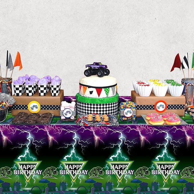 6 Pack Green and Purple Monster Truck Tablecloths - Monster Truck Happy Birthday Disposable Rectangle Table Cover for Baby Shower Kids Birthday Party Dinner Table Decoration 108×54 Inches