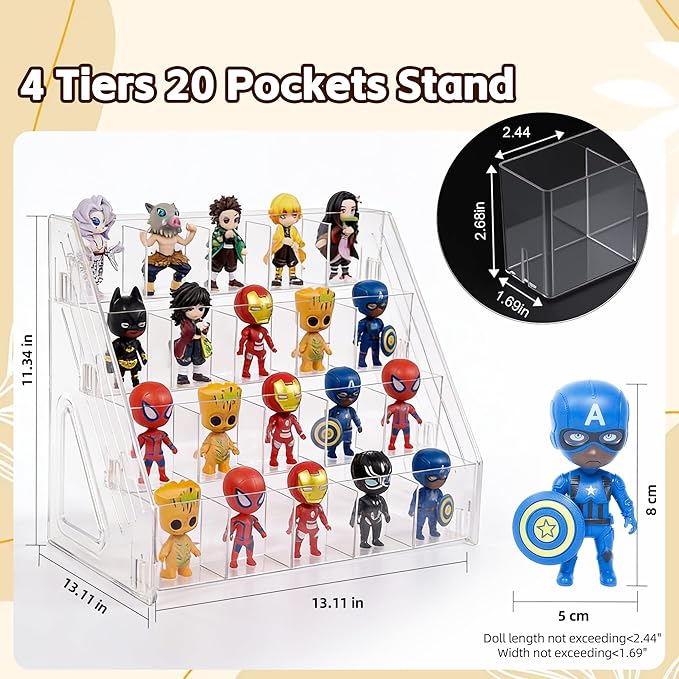 4-Tier 20-Slot Clear Figure Display Case, Miniature Display Case for Collectibles, Action Figures, Crystals, Rocks, Models (4 Tiers)
