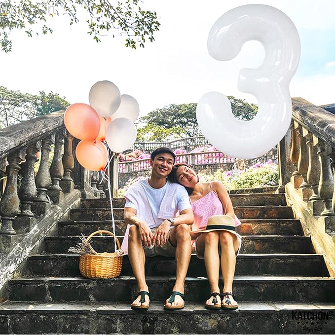 Large, Number 3 Balloon White - 40 Inch | Foil 3 Balloon Number for Black and White Happy Birthday Decorations | 3 Year Old Balloon for Party | Mylar 3 Balloon for 3rd Birthday Decorations for Girls