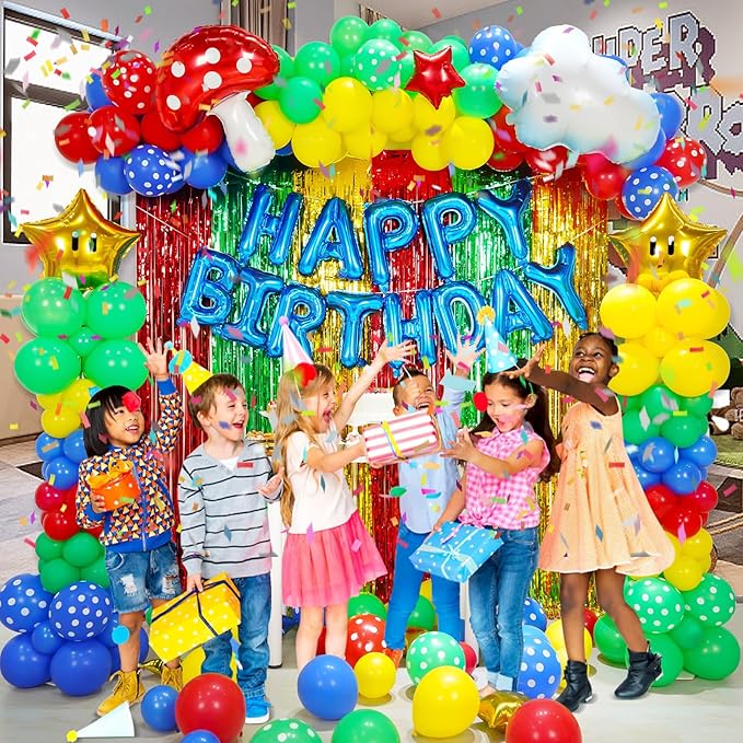 Super Bros Balloons Birthday Party Decorations Supplies Kids,Red Green Yellow Themed Backdrop Balloon Column Arch Garland Party Decor Kit for Boy Girl-226Pcs
