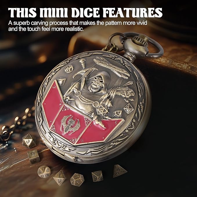 D&D Dice Set,7PCS Metal Dice for Dungeons and Dragons,Mini Dice Set with Pocket Watch Case,Role Playing Board Games Accessories (DM, Bronze)