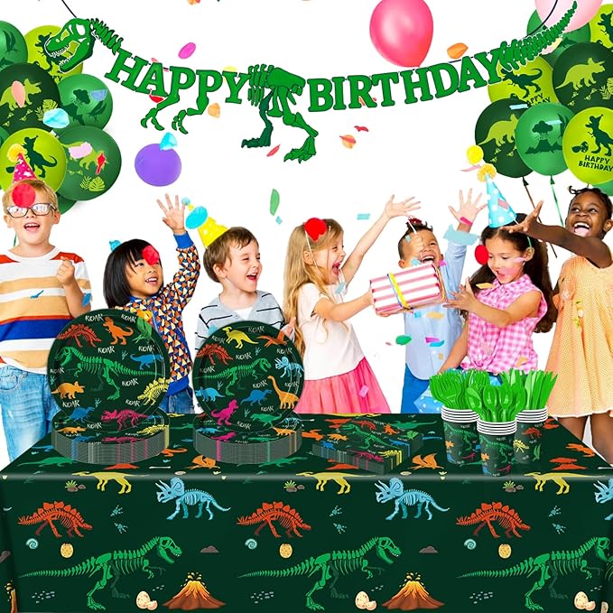 166 PCS Dinosaur Birthday Decorations, Dinosaur Party Supplies Includes Plates, Cups, Napkins, Cutlery, Banner, Tablecloth, Balloons for Boy Dino Party Decorations, Serves 20