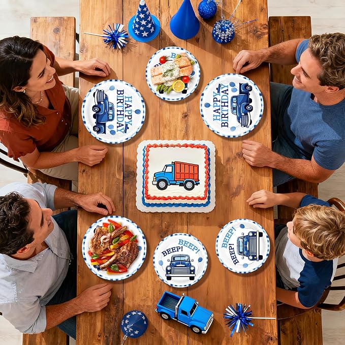 96 Blue Truck Birthday Party Supplies Blue Truck Happy Birthday Plates and Napkins Blue-White Themed Tableware Set for Kids Boys and Girls 1st 2nd 3rd Bday Party Decorations Serves 24