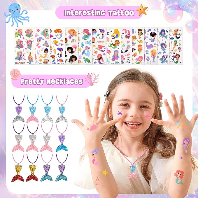 Party Favors for Kids: Mermaid Theme Goodie Bags Stuffers Birthday Party Supplies, Bracelets, Necklaces, Stampers, Notepads, Stickers, Gel Pens, Gift Bags Serves 12 Girls Birthday Party Decorations