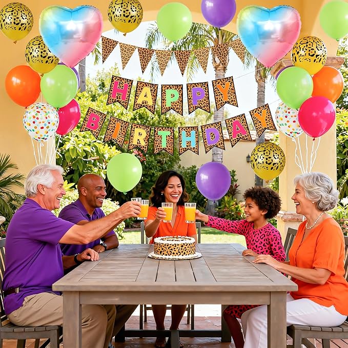 Leopard Print Happy Birthday Decorations, Gold Cheetah Print Animal Balloons Rainbow Heart Balloon with Birthday Banner for Safari Wild Birthday Baby Shower Jungle Zoo Theme Party Supplies