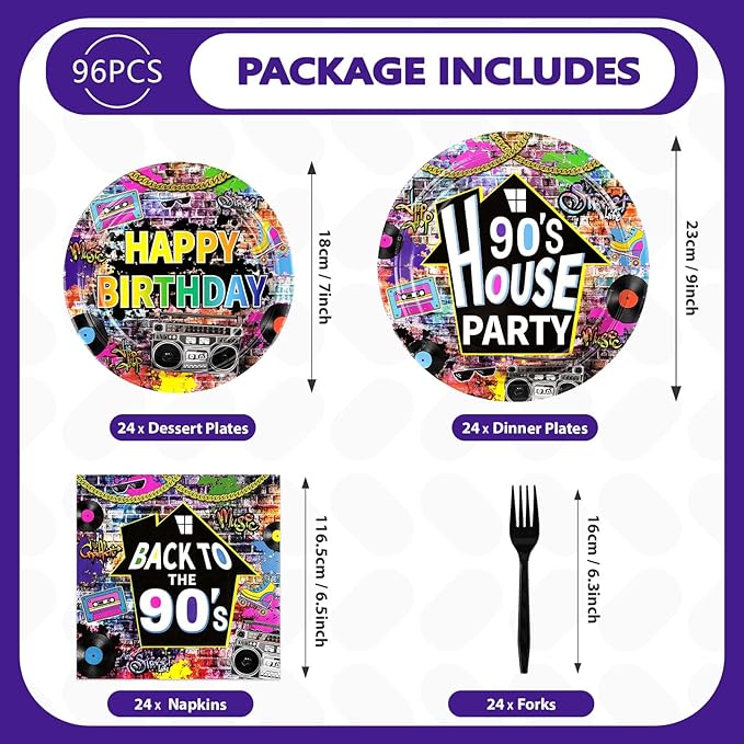 96 Pcs 90's House Party Supplies Disposable 90s Party Paper Plates and Napkins Retro Graffiti Wall Back To The 90' Tableware Set for Men Women 90s Birthday Hip Hop Party Decorations Serves 24