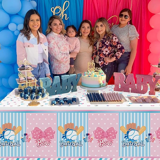 Gender Reveal Table Cover - 3 Packs Sport Baseball or Bow Gender Reveal Disposable Waterproof Plastic Rectangle Table Cloth Gender Reveal Party Favor Decoration Supplies(54x108 Inch)