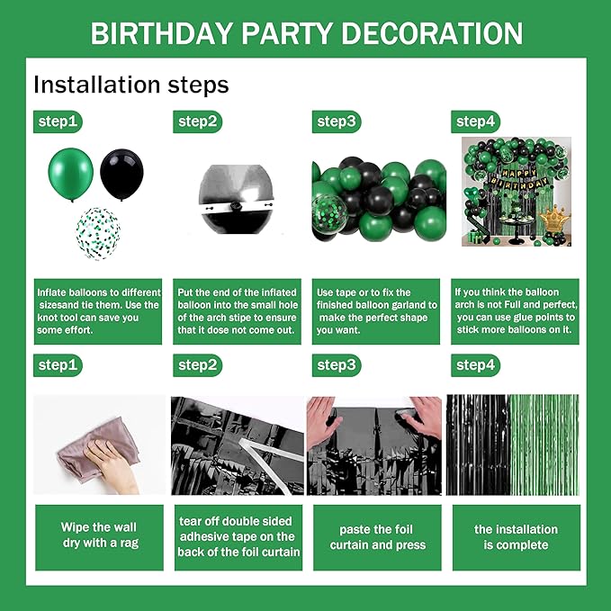 Black And Green Birthday Decorations for Men,Fringe Curtains Happy Birthday Banner,Red balloons,Cake Toppers for Boys