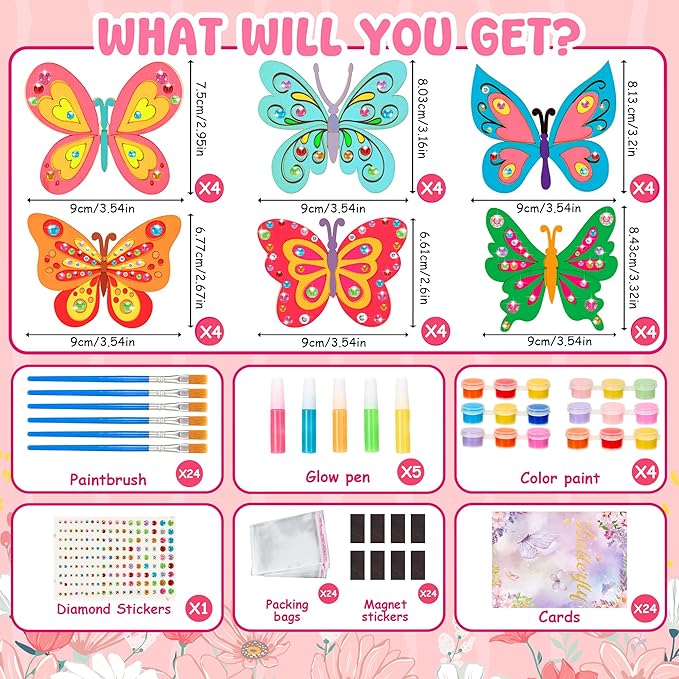24 Pack Butterfly Party Favors - Non-Toxic Wooden DIY Butterflies Paint Craft - with Magnet Luminous Pen Diamond Sticker - Butterfly Birthday Party Supplies Goodie Bag Gift Prize for Kids Girl Toddler